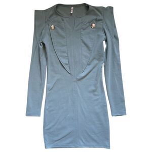 Jack Grace Korea Blue Long Sleeve Dress with Shoulder Accents & Buttons - M